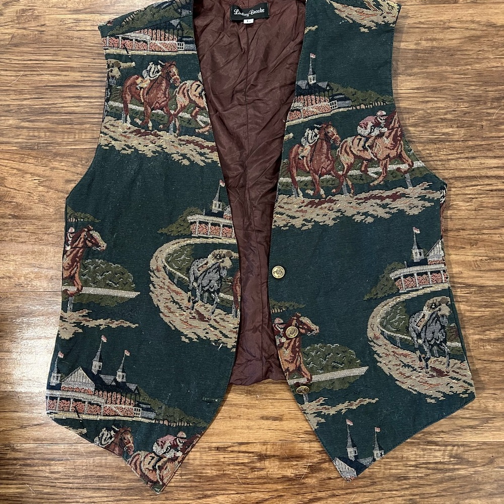Vintage Lindsey Brooks Women’s L Tapestry Vest Horse Racing Design Gold Accents